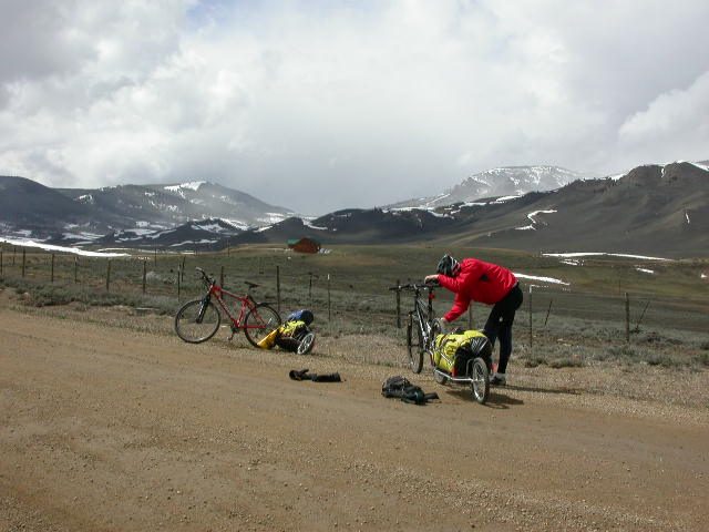 Loaded bikepacking rig in a high mountain valley